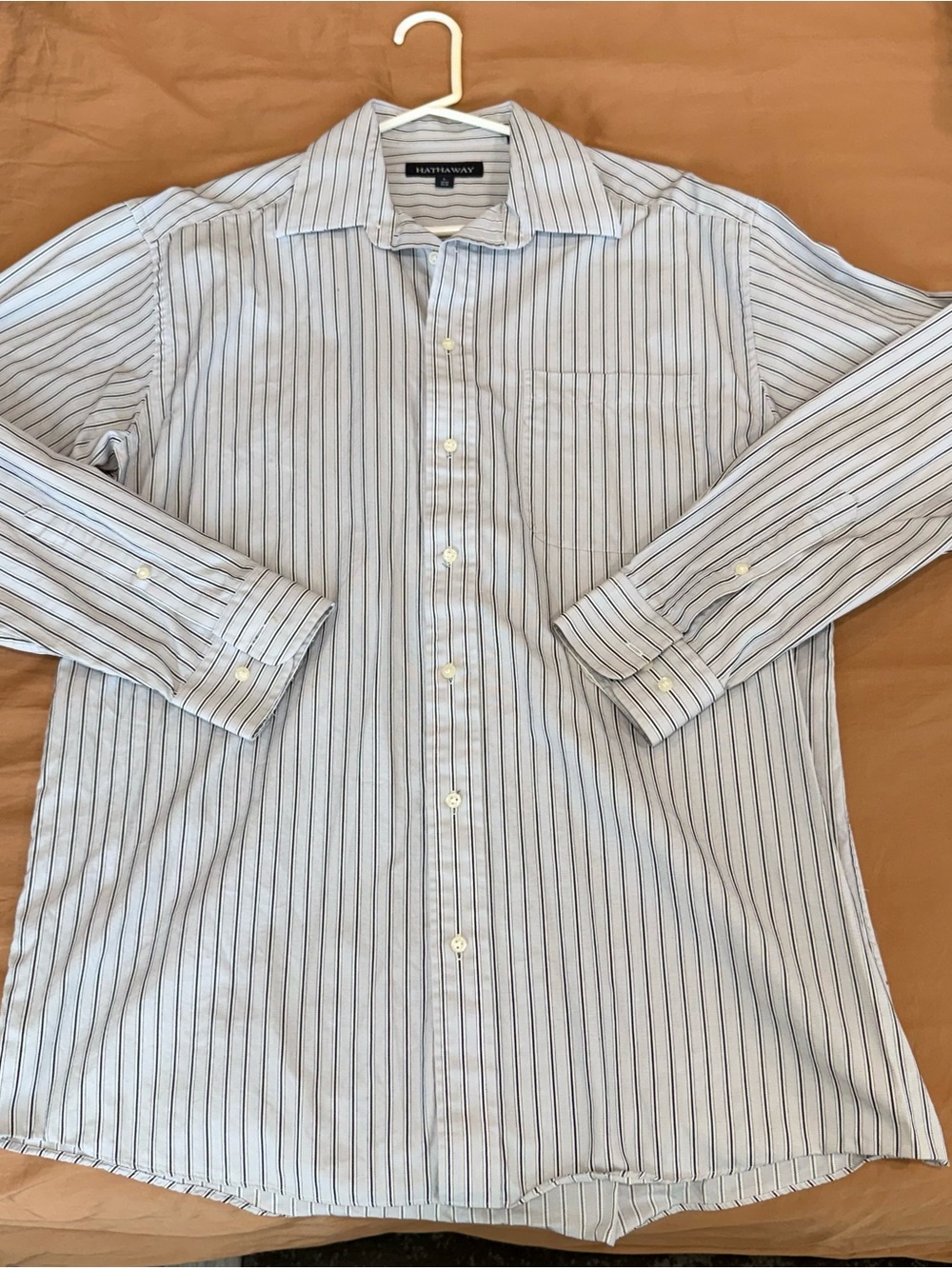 Hathaway Men's Long Sleeve Dress Shirt Gray Black Striped Neck 16.5 34-35